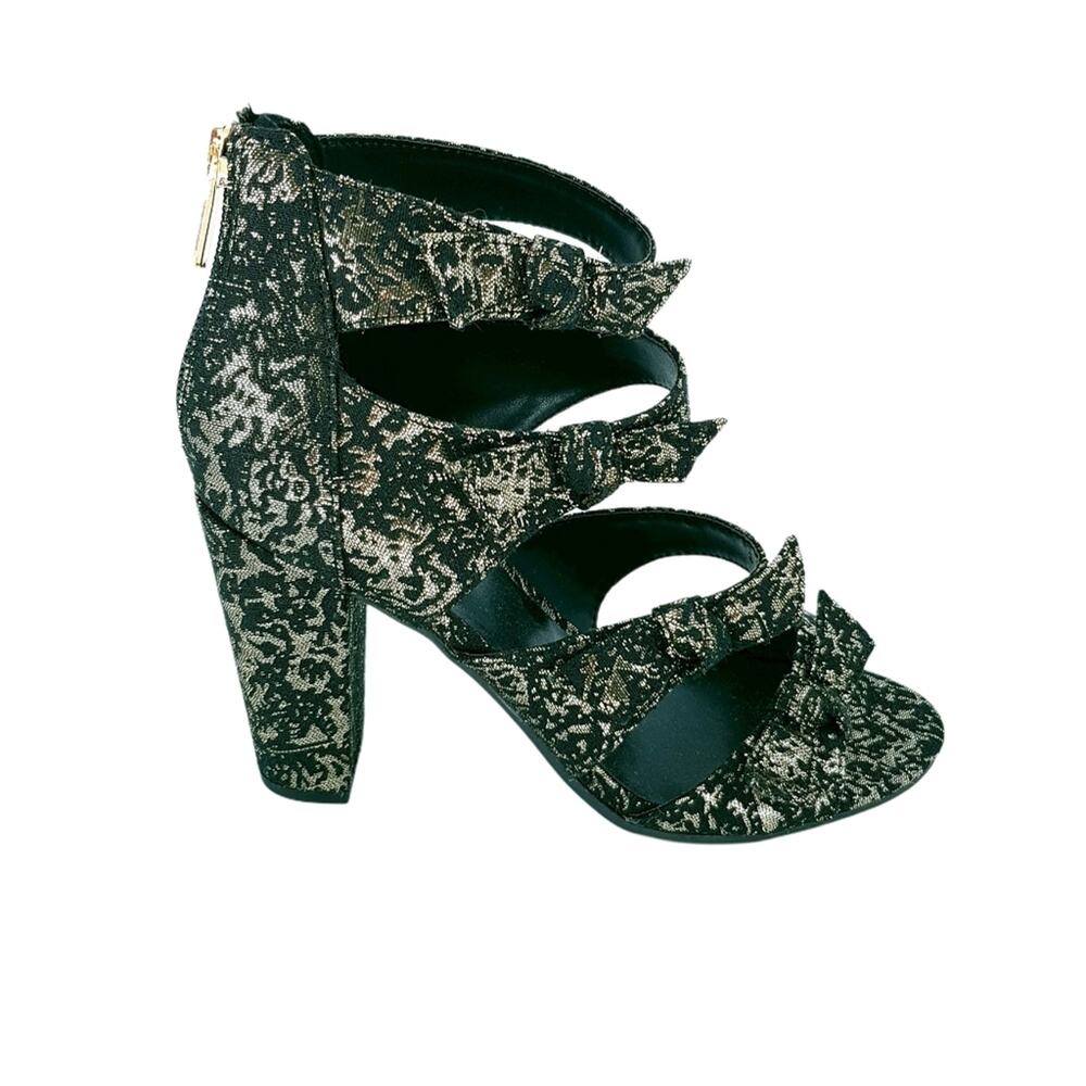 NWOB Indigo Rd Black Gold Metallic Bow Chunky Heel Heels Sandals Size 7